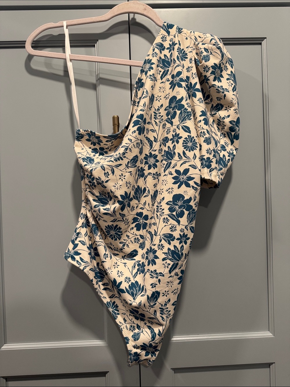 Free People Intimately Floral One-Shoulder Bodysuit Cream and Teal -Md